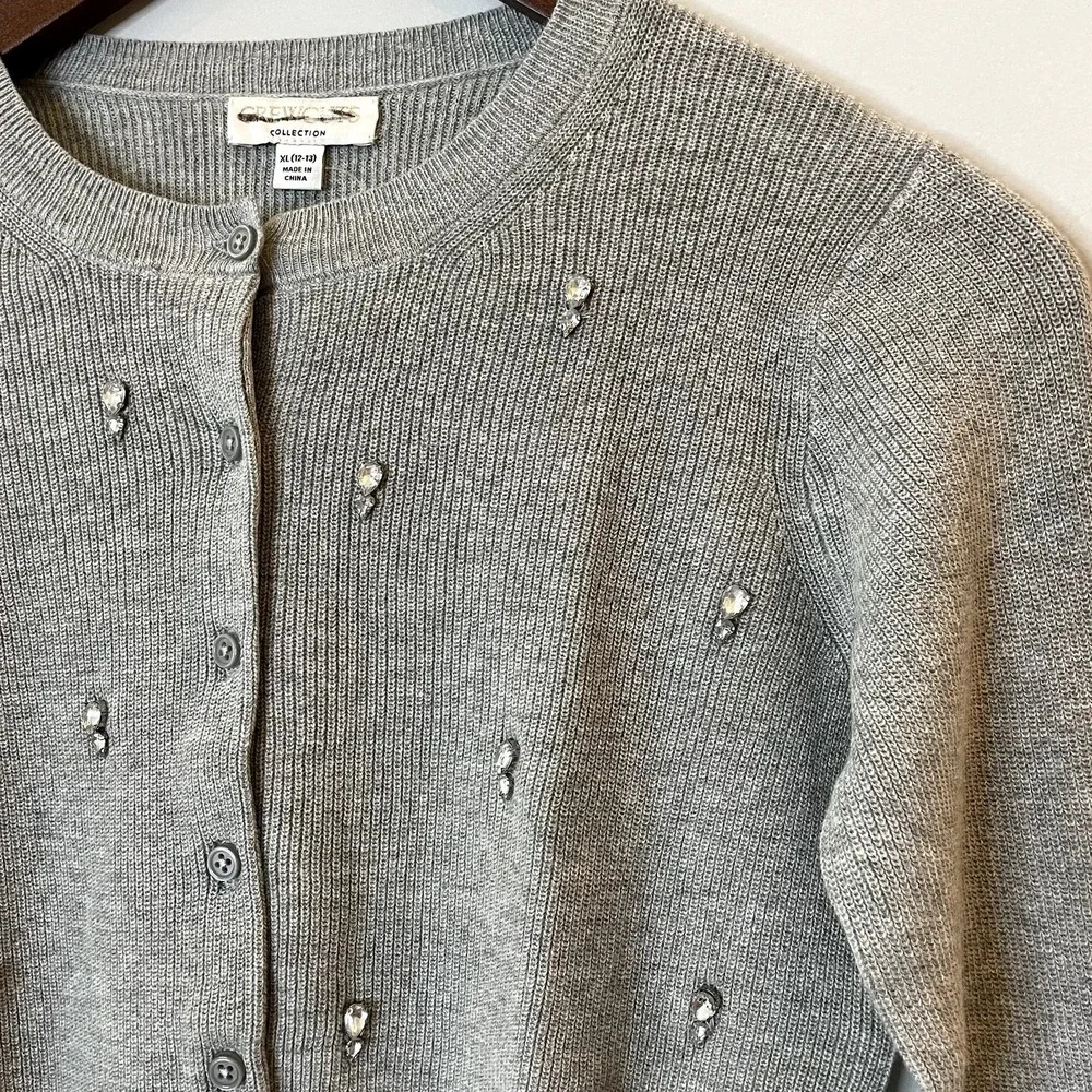 J.Crew Collection Embellished Cardigan Sweater Cotton Holiday CD379 Grey 12 13 - Picture 2 of 15